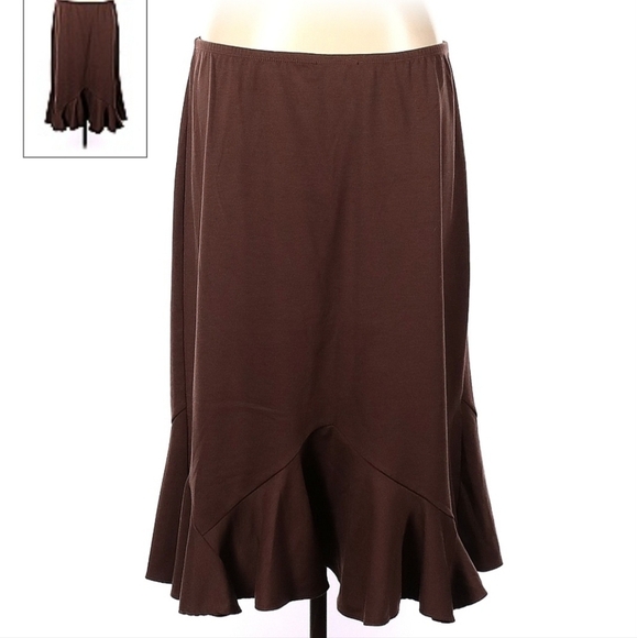 Elementz Brown Midi Flowy Fuffle Skirt Women's Large L Elastic Waist Neutral EUC - Picture 2 of 5